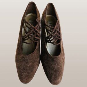 Vertan Brown Leather Suede Criss-Cross Elastic Strap Pumps -  Size 8M
